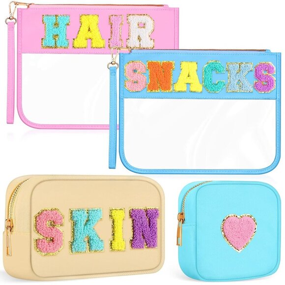 4 Pcs Chenille Letter Bag Preppy Nylon Cosmetic Letter Patches Makeup Bag Makeup - Picture 1 of 7